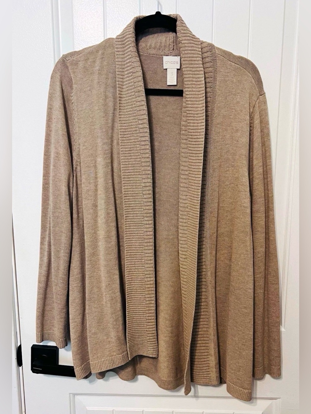 Chico's Womens Beige Solid Open Front Collar Ribbed Knit Cardigan Size 3 (XL/16)